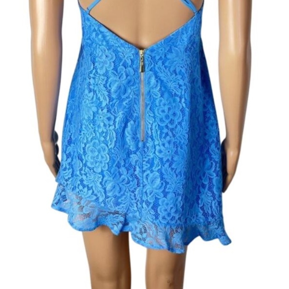 New Revolve NBD X NAVEN Cassandra Blue Lace Open Back Asymmetrical Mini Dress - Picture 8 of 13